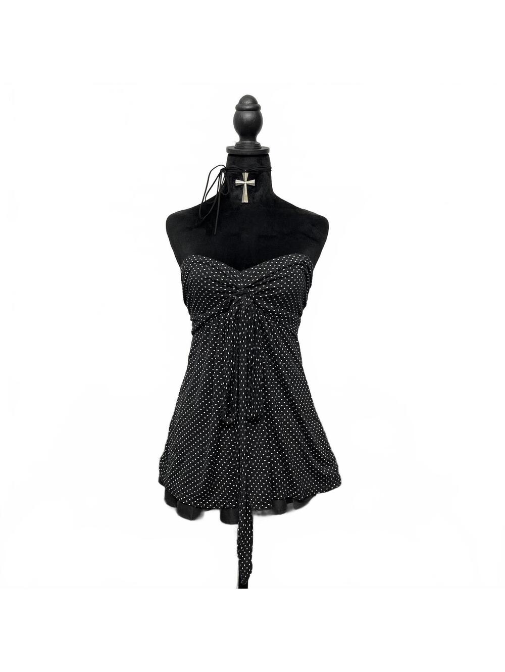 Vintage Colori Sz S Black White Polka Dot Babydoll Tube Top Bow Tie Waist Doll